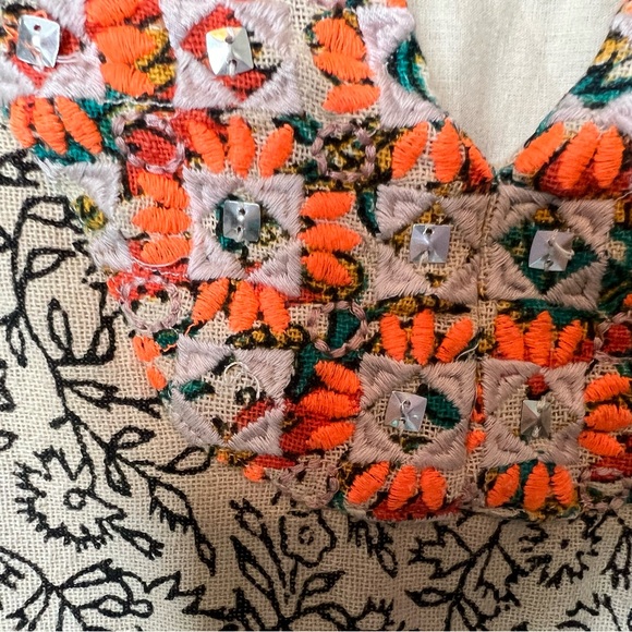 Lucky Brand Embroidered Boho Shift Dress Medium Tan Orange Green - Picture 2 of 15